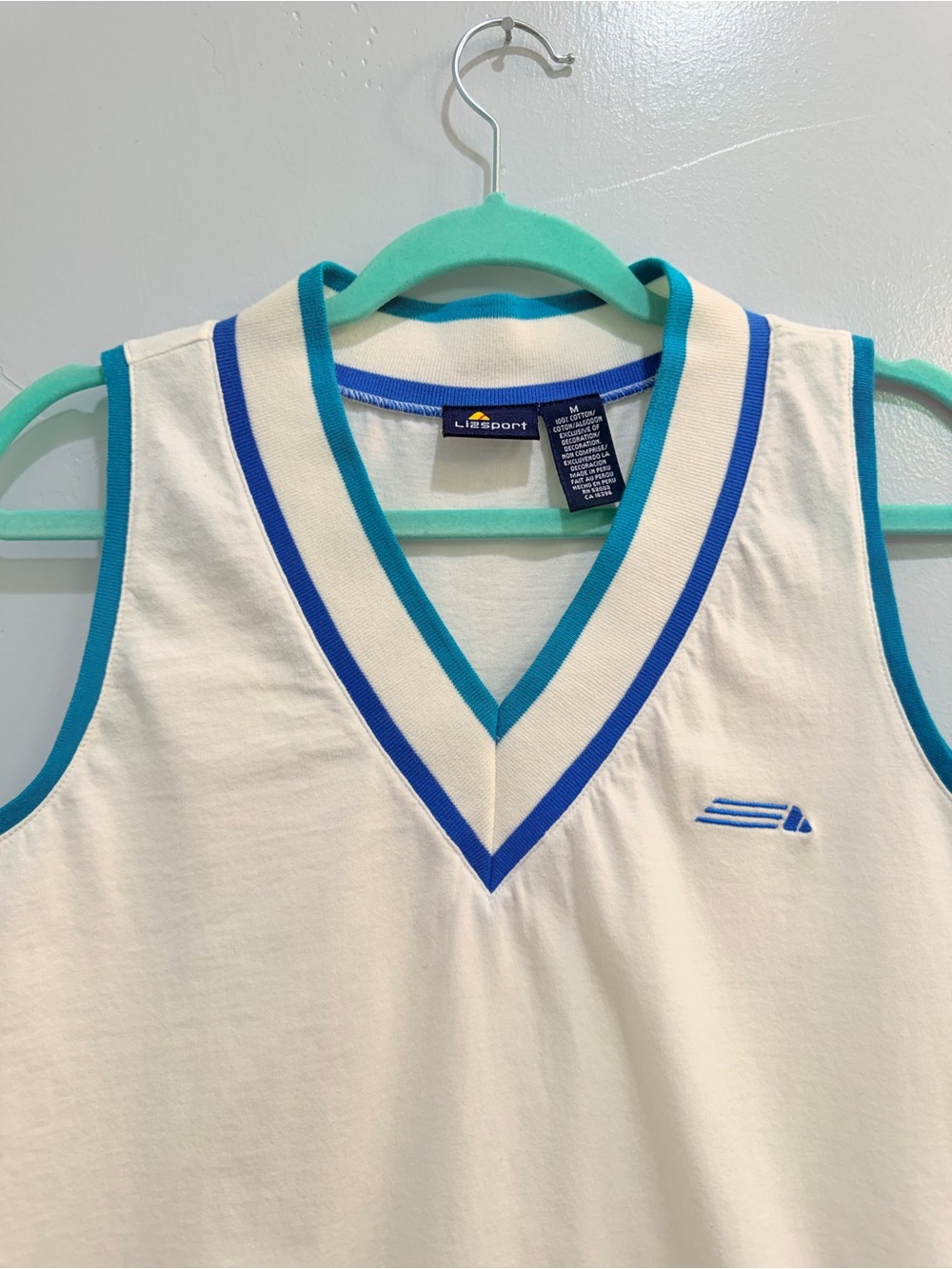 Vintage 90s Lizsport Liz Claiborne V-Neck Cotton Vest Tank Top White Blue Medium - Picture 5 of 12